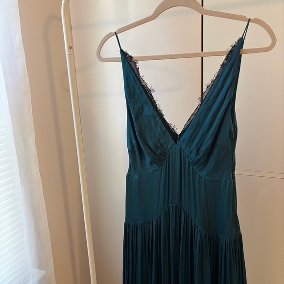 Free People Teal Blue Maxi Dress Size Small Lace Trim Tiered Boho V-Neck - Picture 3 of 9